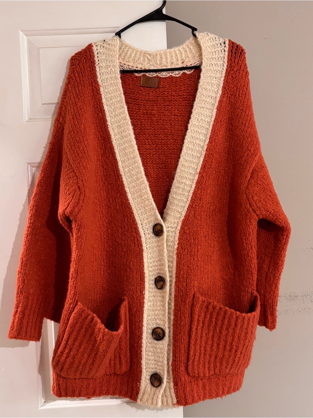 POL Cozy Rust Orange Contrast-Trim Cardigan Sweater